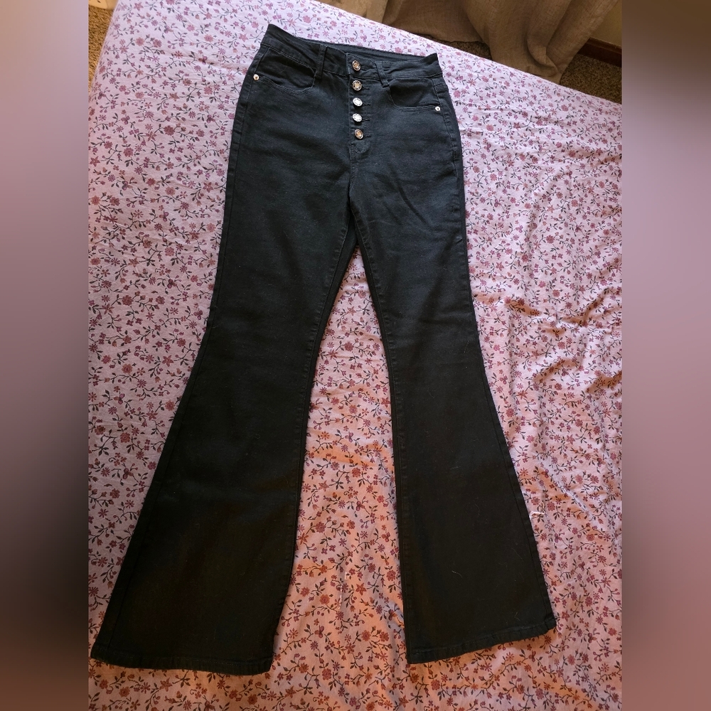 High-Rise Black Flare Jeans with Button Detail, Size 6